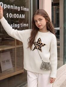 Girls' Autumn/Winter Fashion Five-Point Star Pattern Jacquard Khaki Knit Sweater Long Sleeve Top - White - View 9