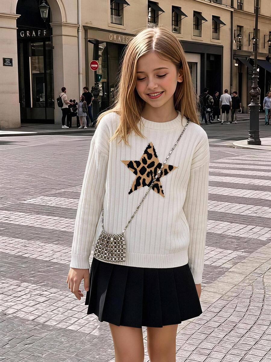 Girls' Autumn/Winter Fashion Five-Point Star Pattern Jacquard Khaki Knit Sweater Long Sleeve Top - White - View 1