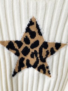 Girls' Autumn/Winter Fashion Five-Point Star Pattern Jacquard Khaki Knit Sweater Long Sleeve Top - White - View 4