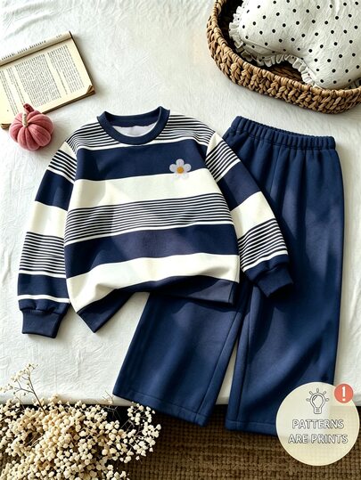 Girls' Blue & White Striped Floral Print Crew Neck Sweatshirt & Casual Elastic Waist Wide Leg Pants 2 Pieces Set, Fashionable Cute Korean Ins Style Colorblock Striped, Daily Outing School Wear, Autumn/Winter Versatile Kids Outfit, Back To School, Halloween, Christmas, Casual Vintage American