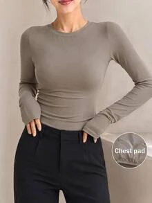 Yumoku Women's Casual Minimalist Basic Solid Color T-Shirt With Built-In Pads, Autumn Everyday Home Grey - Khaki - View 8