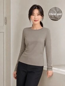 Yumoku Women's Casual Minimalist Basic Solid Color T-Shirt With Built-In Pads, Autumn Everyday Home Grey - Khaki - View 5