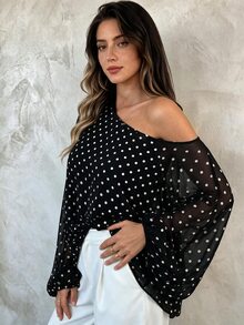 Elegantrix Plus Size Women's Autumn/Winter One-Shoulder Polka Dot Print Semi-Sheer Lantern Sleeve Commute Daily Blouse - Multicolor - View 7