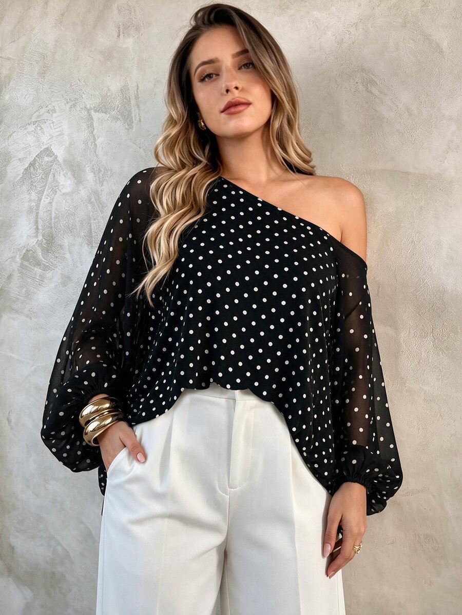 Elegantrix Plus Size Women's Autumn/Winter One-Shoulder Polka Dot Print Semi-Sheer Lantern Sleeve Commute Daily Blouse