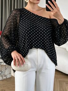 Elegantrix Plus Size Women's Autumn/Winter One-Shoulder Polka Dot Print Semi-Sheer Lantern Sleeve Commute Daily Blouse - Multicolor - View 3