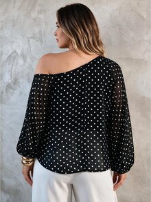 Elegantrix Plus Size Women's Autumn/Winter One-Shoulder Polka Dot Print Semi-Sheer Lantern Sleeve Commute Daily Blouse - Multicolor - View 8