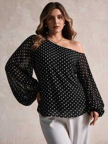 Elegantrix Plus Size Women's Autumn/Winter One-Shoulder Polka Dot Print Semi-Sheer Lantern Sleeve Commute Daily Blouse - Multicolor - View 9