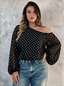 Elegantrix Plus Size Women's Autumn/Winter One-Shoulder Polka Dot Print Semi-Sheer Lantern Sleeve Commute Daily Blouse - Multicolor - View 5
