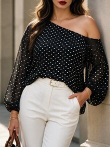 Elegantrix Plus Size Women's Autumn/Winter One-Shoulder Polka Dot Print Semi-Sheer Lantern Sleeve Commute Daily Blouse - Multicolor - View 4