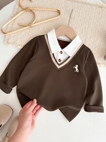 Souflis Souflis 1pc Baby Boys Collar Color Block & Pony Print Design, Casual Minimalist Polo Shirt, Fashionable Preppy Style Sweatshirt, Knitted Fabric, Fresh & Comfortable For Autumn, Versatile & Cute, Suitable For Outings, Vacations And Daily Wear - Brown - View 3
