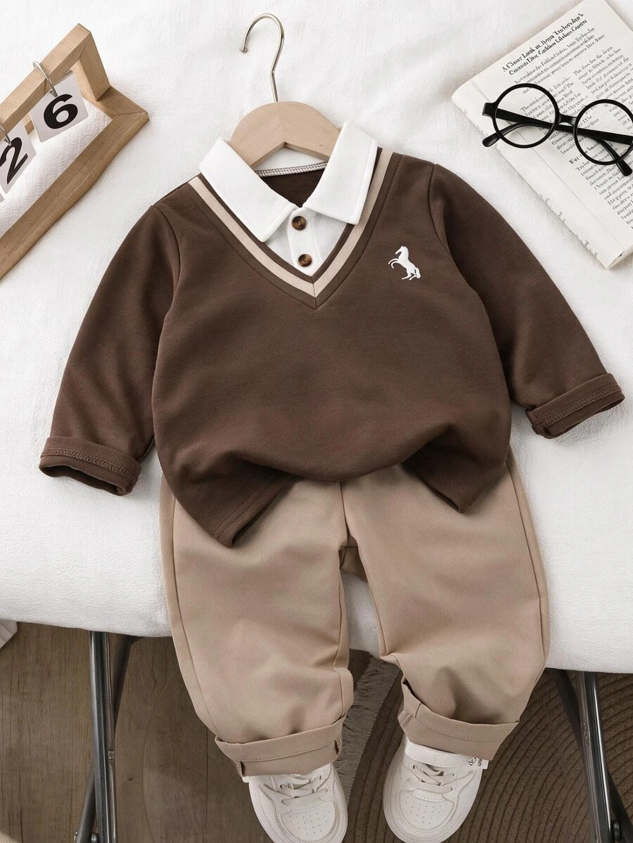 Souflis Souflis 1pc Baby Boys Collar Color Block & Pony Print Design, Casual Minimalist Polo Shirt, Fashionable Preppy Style Sweatshirt, Knitted Fabric, Fresh & Comfortable For Autumn, Versatile & Cute, Suitable For Outings, Vacations And Daily Wear - Brown - View 1