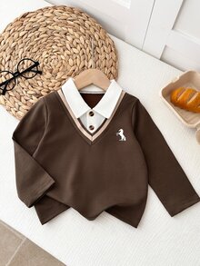 Souflis Souflis 1pc Baby Boys Collar Color Block & Pony Print Design, Casual Minimalist Polo Shirt, Fashionable Preppy Style Sweatshirt, Knitted Fabric, Fresh & Comfortable For Autumn, Versatile & Cute, Suitable For Outings, Vacations And Daily Wear - Brown - View 7