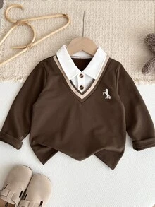 Souflis Souflis 1pc Baby Boys Collar Color Block & Pony Print Design, Casual Minimalist Polo Shirt, Fashionable Preppy Style Sweatshirt, Knitted Fabric, Fresh & Comfortable For Autumn, Versatile & Cute, Suitable For Outings, Vacations And Daily Wear - Brown - View 6