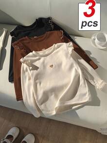 SHEIN 3件組女童秋冬荷葉袖針織雙面刷毛保暖內搭衣，刺繡愛心長袖T恤，校園風，黑色、橘色 - 彩色 - 查看 7