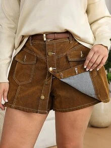 EMERY ROSE EMERY ROSE Rok Denim Kasual Serbaguna Kancing Tunggal untuk Wanita Ukuran Plus - Coklat - View 8