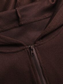 SHEIN 青少年女孩對比粉色膠帶裝飾純色棕色套頭運動衫寬腿褲2件/套 - 棕色 - 查看 5
