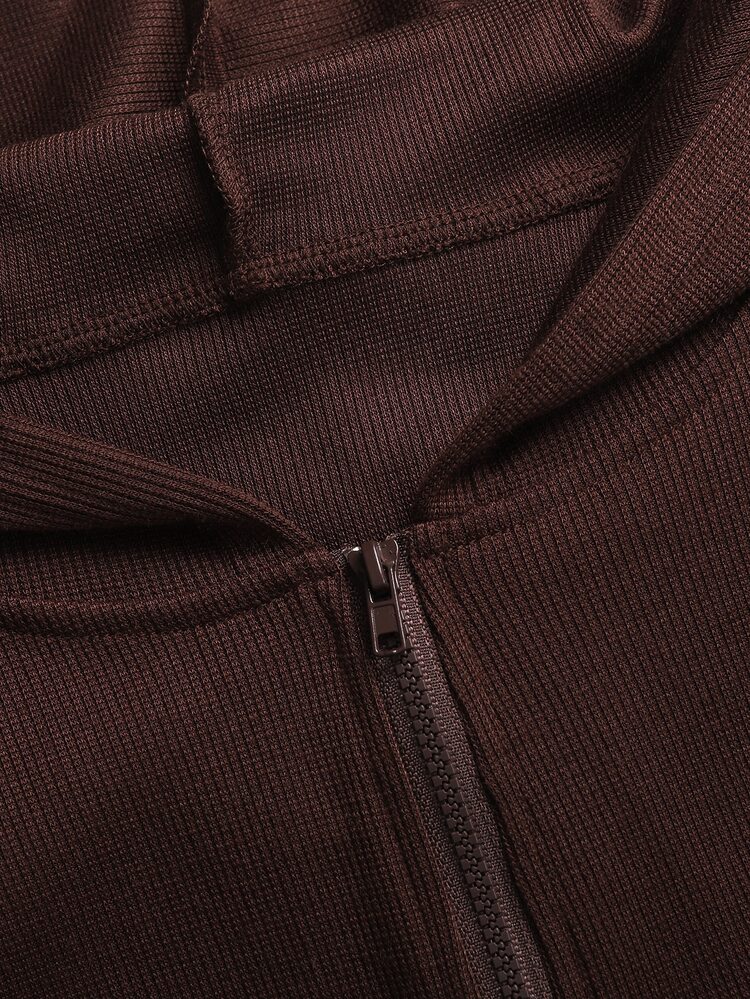 SHEIN Teen Girl Teen Girls Contrast Pink Tape Decor Solid Brown Pullover Sweatshirt Wide Leg Pants 2pcs/Set - Brown - View 5