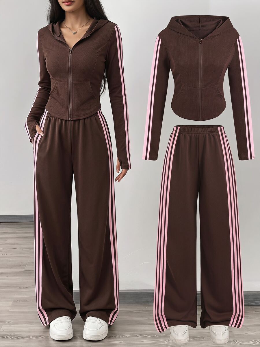 SHEIN Teen Girl Teen Girls Contrast Pink Tape Decor Solid Brown Pullover Sweatshirt Wide Leg Pants 2pcs/Set - Brown - View 1
