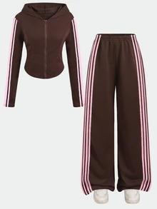 SHEIN 青少年女孩對比粉色膠帶裝飾純色棕色套頭運動衫寬腿褲2件/套 - 棕色 - 查看 2