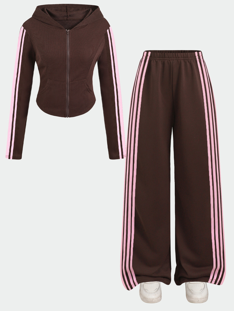 SHEIN Teen Girl Teen Girls Contrast Pink Tape Decor Solid Brown Pullover Sweatshirt Wide Leg Pants 2pcs/Set - Brown - View 2