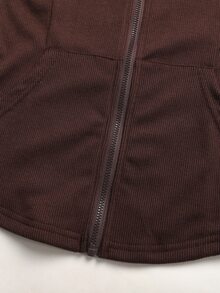 SHEIN 青少年女孩對比粉色膠帶裝飾純色棕色套頭運動衫寬腿褲2件/套 - 棕色 - 查看 7