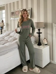 RAPORLU Uzun  Kol Pijama Takımı - Champagne - View 5