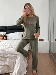RAPORLU Uzun  Kol Pijama Takımı - Champagne - View 4