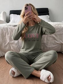 RAPORLU Uzun  Kol Pijama Takımı - Champagne - View 1