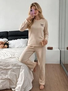 RAPORLU Uzun  Kol Pijama Takımı - Champagne - View 5