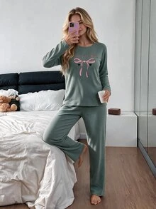 RAPORLU Uzun  Kol Pijama Takımı - Champagne - View 5
