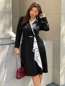 Easura Plus Size Women's Autumn High-End Black Blazer Collar With Scarf Print Chain Splicing Chain Design Cinched Waist Mid-Length Elegant Dress Fall - Black - View 3