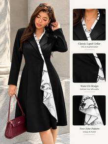 Easura Plus Size Women's Autumn High-End Black Blazer Collar With Scarf Print Chain Splicing Chain Design Cinched Waist Mid-Length Elegant Dress Fall - Black - View 4