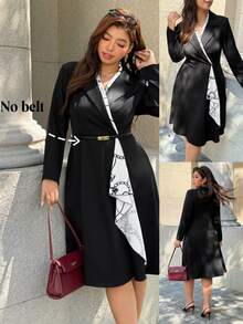 Easura Plus Size Women's Autumn High-End Black Blazer Collar With Scarf Print Chain Splicing Chain Design Cinched Waist Mid-Length Elegant Dress Fall - Black - View 1