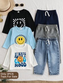 SHEIN 3件組幼童男童長袖T恤 學院風 黑藍白格紋笑臉圓領標準版派對秋季長袖上衣 白色套頭上衣 - 彩色 - 查看 1