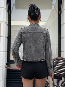 Muchica 女款牛仔休閒長袖夾克外套，軍裝風夾克，復古水洗牛仔，波希米亞風，街頭風，萬聖節工作穿搭 - 黑色 - 查看 3