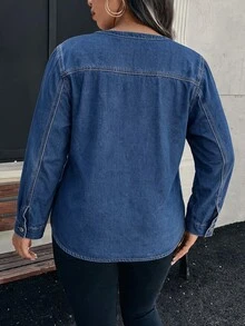 EMERY ROSE Plus Size Women Casual Daily Denim Top Fall/Winter Going Out Tops,Half Zip Denim Shirt Plus Size,Halloween,Christm,Business,Vintage,Elegant,Country - Blue - View 2