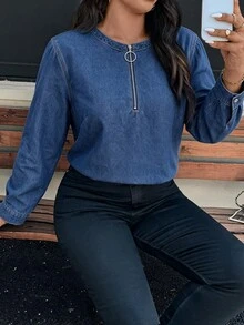 EMERY ROSE Plus Size Women Casual Daily Denim Top Fall/Winter Going Out Tops,Half Zip Denim Shirt Plus Size,Halloween,Christm,Business,Vintage,Elegant,Country - Blue - View 3