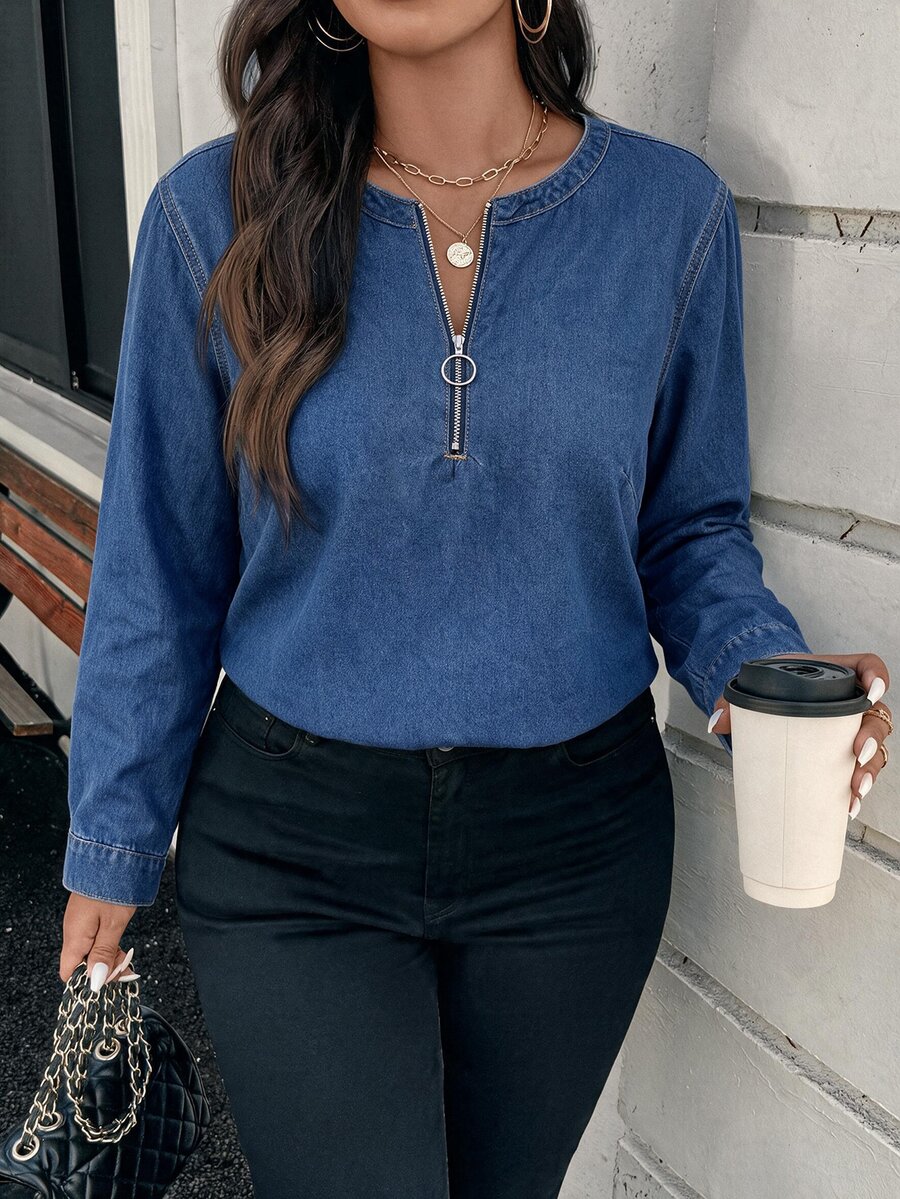 EMERY ROSE Plus Size Women Casual Daily Denim Top Fall/Winter Going Out Tops,Half Zip Denim Shirt Plus Size,Halloween,Christm,Business,Vintage,Elegant,Country - Blue - View 1