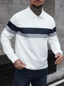 Manfinity CasualCool Men's Long Sleeve Striped Polo Shirt Patchwork Top White And Grey Shirt Men Old Money, Fall - White - View 6