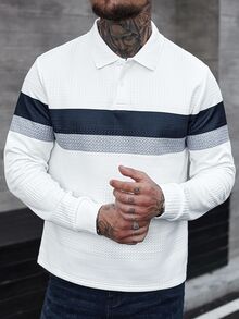 Manfinity CasualCool Men's Long Sleeve Striped Polo Shirt Patchwork Top White And Grey Shirt Men Old Money, Fall - White - View 2