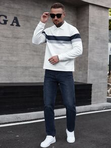 Manfinity CasualCool Men's Long Sleeve Striped Polo Shirt Patchwork Top White And Grey Shirt Men Old Money, Fall - White - View 3