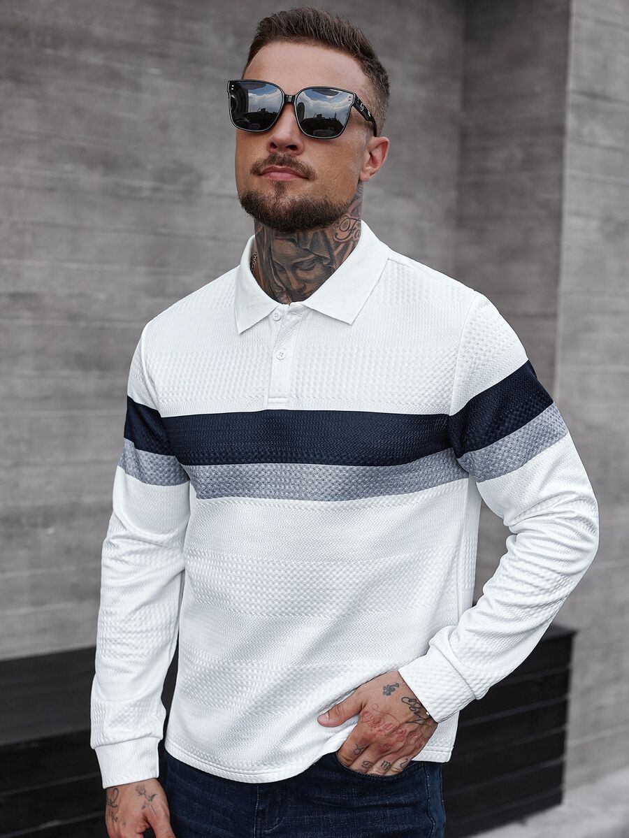 Manfinity CasualCool Men's Long Sleeve Striped Polo Shirt Patchwork Top White And Grey Shirt Men Old Money, Fall - White - View 1