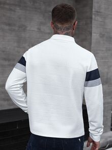 Manfinity CasualCool Men's Long Sleeve Striped Polo Shirt Patchwork Top White And Grey Shirt Men Old Money, Fall - White - View 5