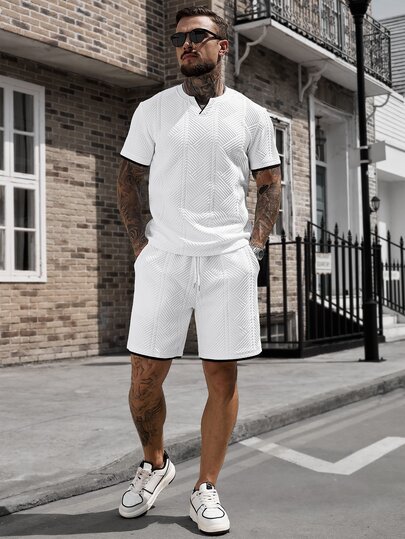Manfinity CasualCool Men's Short Sleeve Textured Fabric Contrast Color Pullover T-Shirt Set, Suitable For Home, Outing And Gatherings