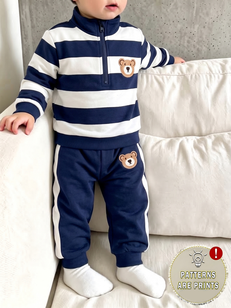 Baby Boys Patch Detail Quarter Zip Sweatshirt And Sweatpants 2 Pieces Fleece Outfit Set - Multicolor - View 1