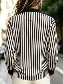 SHEIN Commuter Elegant Lapel Contrast Color Patchwork Striped Print Loose Fit Daily Versatile College Casual Shirt - Black - View 2