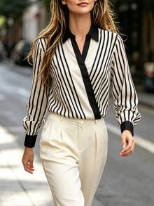SHEIN Commuter Elegant Lapel Contrast Color Patchwork Striped Print Loose Fit Daily Versatile College Casual Shirt - Black - View 6