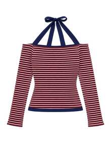 Nöista Atasan Off Shoulder Bergaris Burgundy Lengan Panjang. Musim Gugur/Musim Dingin, Acara Malam, Padu Padan, Pergi Keluar. - Red Violet - View 7