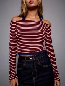 Nöista Atasan Off Shoulder Bergaris Burgundy Lengan Panjang. Musim Gugur/Musim Dingin, Acara Malam, Padu Padan, Pergi Keluar. - Red Violet - View 5