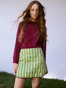 Nöista Womenswear Stripped Mini Skirt, In Combination Of Green Strippes And Contrast Hem In Burgundy,Perfect For Fall Winter,Going Out,Elevate The Outfits - Green - View 2